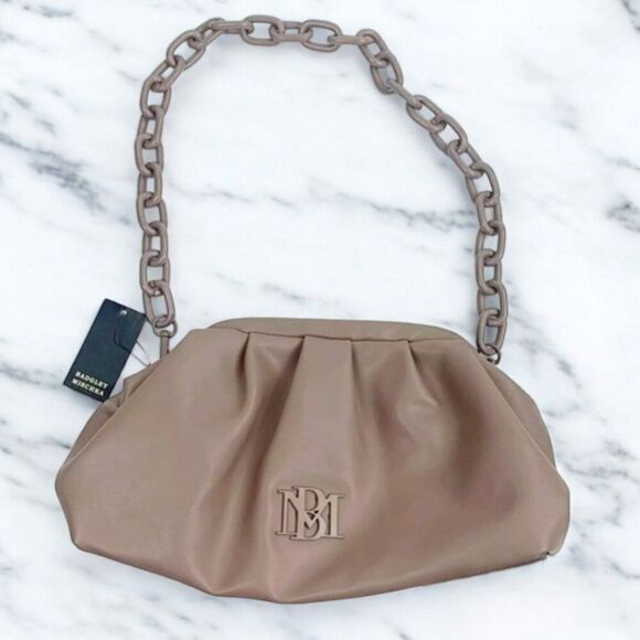 NWT Badgley Mischka Wrapped Frame Clutch Taupe Chain Shoulder Bag Vegan - Picture 2 of 7